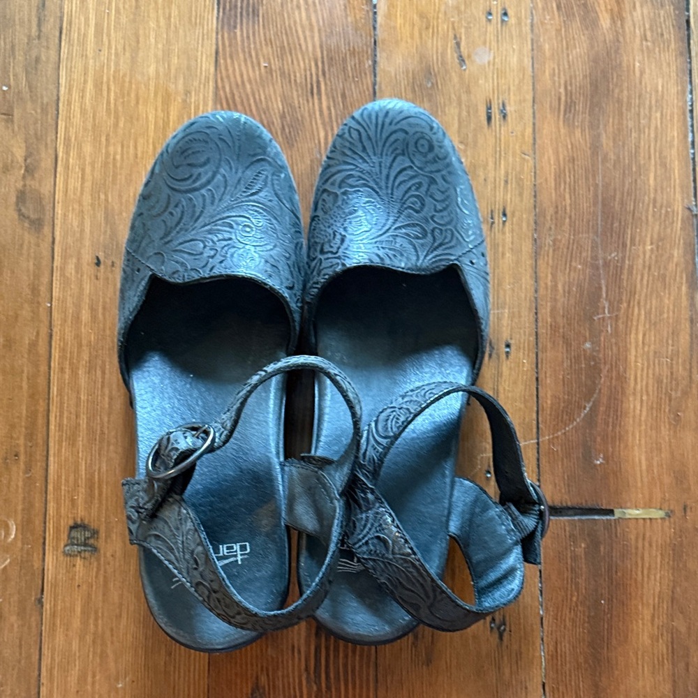 Dansko Black Embossed Leather Slingback Mules